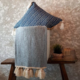 Soft Grey Raw Cotton Throw with Beaded Tassels | 152×216cm Cozy & Breathable Cotton Blanket for Sofa & Bed